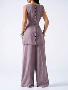 LYSMO 2026 New Arrive Minimalism Spring/Summer Women's Striped Square Neck Collar Vest And Wide Leg Pants Casual Suit Set - Burgundy - View 2