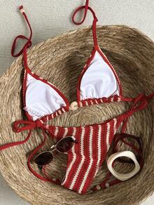 Swim Mod 女士两件式夏季沙滩泳装，镂空纹理针织面料，挂脖三角上衣，系带侧边泳裤，饰有串珠装饰 - 紅色 - 查看 2