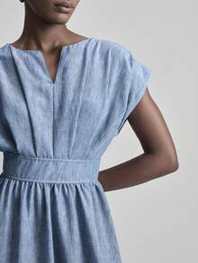 Ontre 女士V领褶裥腰身休闲连衣裙沙滩装，四季皆宜，同款明星度假风，异域风情，乡村音乐会，西部风格服装，高档面料，舒适透气，波西米亚风度假装蓝色连衣裙，四季皆宜，现代都市休闲时尚，商务休闲女装，低调老钱风，轻松气质，高端都市通勤，高品质机场女装，高端面料，灰蓝色连衣裙，女士长裙，夏季女装 - 灰藍色 - 查看 3