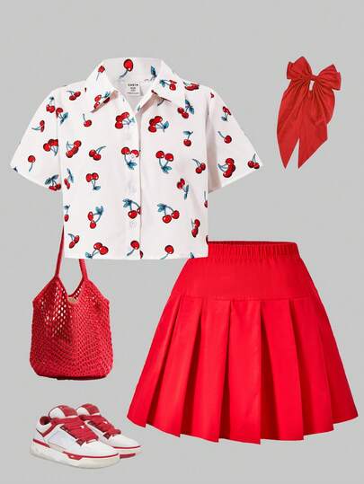 ChillGRL Tween Girls' Casual Cherry Print Short Sleeve Cropped Shirt Paired With Red Pleated Mini Skirt, Spring/Summer Holiday Travel 2-Piece Set