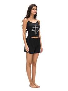 Rest Era Standard Size Women Gothic Style Lace Patchwork Cross Print Camisole And Shorts Pajama Set - Black - View 6