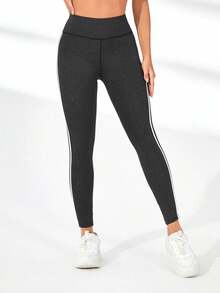 Exploreva Leggings sin costuras de cintura alta con rayas de contraste - Gris Oscuro - Ver 3