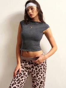 VARSIVA Women's Ribbed Knit Backless Fitted Cropped Sports T-Shirt - Black - View 8