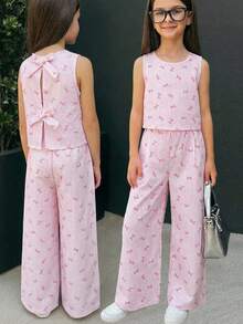 SHEIN 2件套女童粉色蝴蝶结条纹吊带背心和短裤套装，休闲日常时尚百搭装 - 粉色 - 查看 1