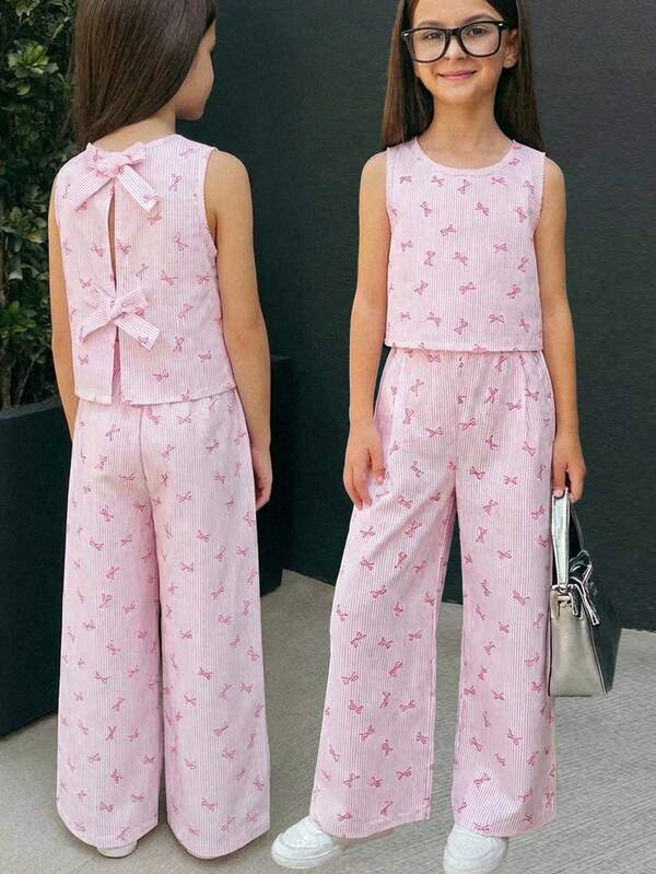 SHEIN 2pcs/Set Young Girls' Pink Bow Striped Camisole & Shorts Set, Casual Daily Fashion Versatile Outfit
