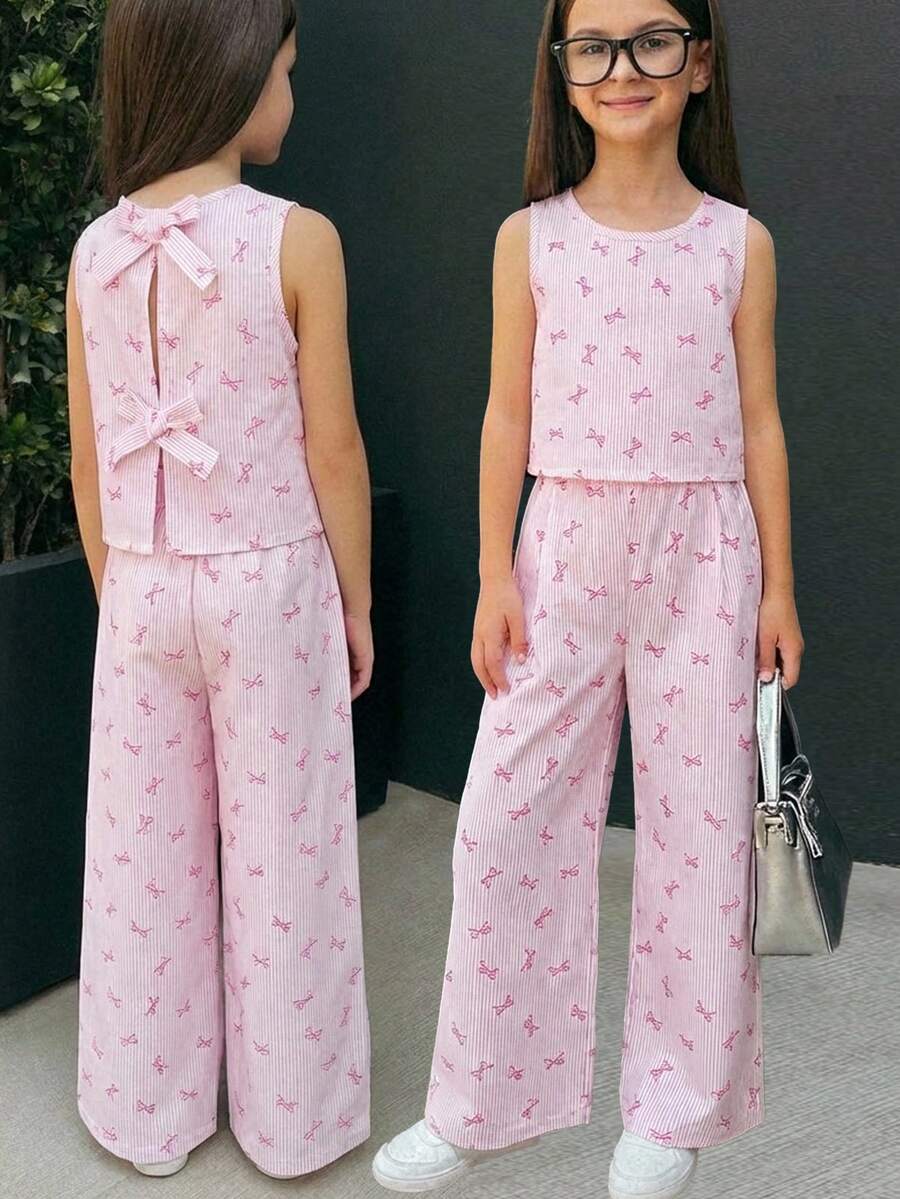 SHEIN 2件套女童粉色蝴蝶结条纹吊带背心和短裤套装，休闲日常时尚百搭装 - 粉色 - 查看 1