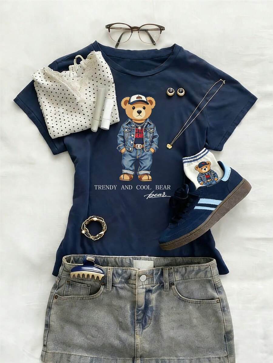 Glimmora 女士圆领短袖印花上衣，毛绒熊图案撞色设计，修身休闲夏季女装 - 藏蓝色 - 查看 1