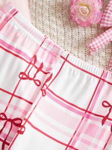 SHEIN Tween Girl Bow Print Long Sleeve Top And Plaid Leggings Pajama Set  Snug Fit Bow Pjs - Multicolor - View 7