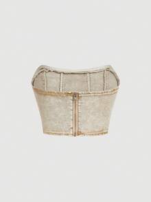SHEIN MOD Zip Back Tube Denim Summer Corset Top - Khaki - View 2