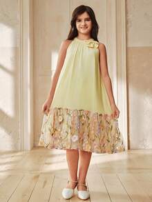 Anewsta Spring/Summer New Bowknot Chiffon Patchwork Floral Mesh Hem Girls Dress - Yellow - View 3