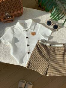 SHEIN 2pcs/Set Toddler Boys' Casual Cute Bear Pattern Short Sleeve Shirt And Plaid Shorts Set, Spring/Summer Baby Boy Clothes, Outfits Toddler Boy Outfit Baby Clothes Neutral - Brown - View 4