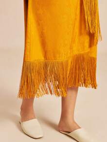 All-Season Mustard Satin Robe Comfortable Tie-Waist Sleep Gown With Fringe Trim Loose-Fit Midi Robe With Fringe Details Pyjama - Yellow - View 9