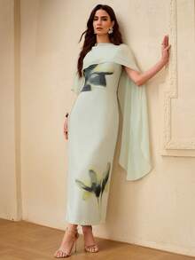 ZEYLAH Đầm in hoa thanh lịch kèm khăn choàng, thích hợp cho mùa xuân/hè. - màu xanh lá - Xem 5