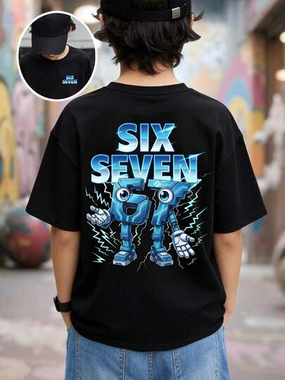 Spring And Summer Casual Stylish Creative Personalized Refreshing Minimalist Numeric 67 Mechanical Lightning Bolt Slogan Graphic Print Basic Short T-Shirt, Comfortable Daily Wear, Cozy Summer And Fall Styles Suitable For Spring, Summer And Autumn For Boys