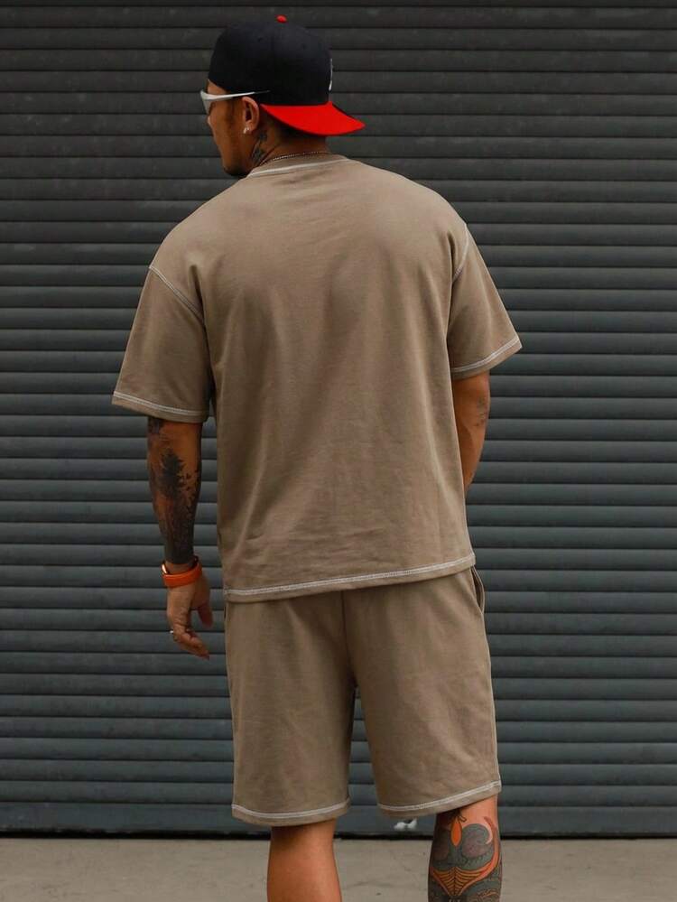 Brown Short Sleeve Letter Print T-Shirt Paired With Shorts, Men's Summer Set