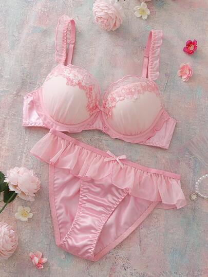 Pink Underwire Padded Bra Set, High Support, Gather & Lift, Ruffle Trim, Mesh Inset, Floral Pattern, Romantic & Elegant Women's Lingerie Set