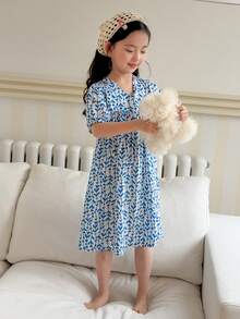 DAZY Đầm mùa hè in họa tiết cây cỏ tay phồng, kiểu dáng thường ngày cho bé gái. - Màu xanh lam - Xem 4