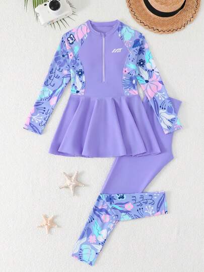 SHEIN Tween Girls Tankini Swimwear, Purple Knit Fabric, Long Sleeve Top And Long Pants, Zipper Skirt 2-Piece Set, Modest Conservative Style, Fashionable Elegant Casual, Suitable For Swimming, Summer Vacation, Beach, Pool, Holiday Party Long Sleeve Swimsuit For Tweens Tween Swimsuit Rashguard Teen Girl Rash Guard Set Tween Swin Suit Swimsuit Long Sleeve With Zipper Set For Youth Long Sleeve And Shorts With Zipper Set For Youth Tween Long Sleeve Swimsuit Long Sleeve Bathing Suit For Teen Girls Uv Protection Swimwear Girl Young Girls Rash Guard Swimsuit Modest Swim Wear For Tweens Long Sleeve Swimsuit For Teen Girls Girl Swim Suit One Piece With Skirt Purple Teen Girl Swimsuit With Rashguard Junior Girls Modest Swim Suite Swin Suits For Tween Girls Rash Guard For Kids Girl Girls Long Sleeve Bathing Suit Bathing Suits For Teens Full Coverage Spring Summer Picks Girls Active Wear Kids Active Wear Modest Swimsuit For Girls Rashguard For Kids Girl