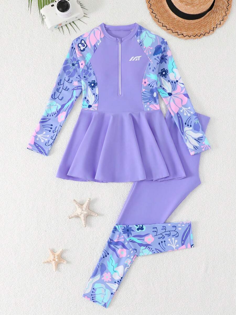 SHEIN 少女比基尼泳衣套装，紫色针织面料，长袖上衣搭配长裤，拉链裙两件套，款式端庄保守，时尚优雅休闲，适合游泳、夏季度假、海滩、泳池、节日派对等场合。少女长袖泳衣，防晒泳衣，少女防晒泳衣套装，少女长袖拉链泳衣套装