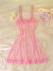 Pink Lace Patchwork Bowknot Sheer Cinched Waist Charming Ladies Nightgown - Pink - View 2