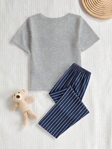 Young BoyCute Bear Pattern Embroidered Collar Open Front Loungewear Set - Multicolor - View 2