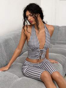 Sweetina Women's Plaid Print Halter Tie Top And Elastic Waist Pants 2 Pieces Set - Multicolor - View 5