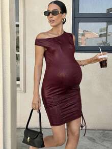 MaterniWear Burgundy Autumn Classy Maternity Party Dress, Snakeskin Print Asymmetrical Shoulder Ruched Bodycon Faux Leather Maternity For Pregnancy Photoshoot - Burgundy - View 5