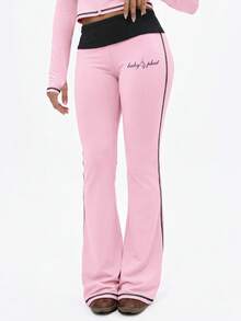 BABYPHAT Women Contrast Detail Flare Leggings High Waisted Wide Leg Yoga Pants Stretchy Lounge Bottoms Bell Bottom Style - Baby Pink - View 4