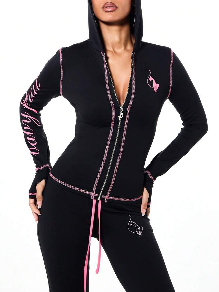 BABYPHAT Slim Fit Jersey Reißverschluss Kapuzenpullover mit kontrastierendem rosa Nähgarn und Logo-Detail