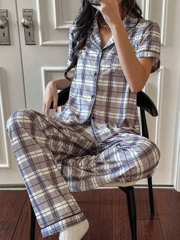 Napfluff Women's Plaid Print Lapel Cardigan Short Sleeve Pajama Set