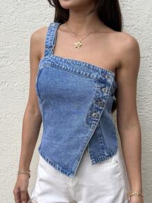 Sunnyshic 时尚休闲不对称水洗牛仔露肩上衣 - 中等水洗藍 - 查看 7