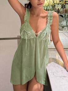 DAZY 2pcs Sheer Mesh Frill Trim Bow Decor Front Open Nightgown & G-String Sexy Lingerie Set - Green - View 4