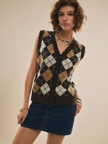 Poéselle Áo vest len nữ cổ chữ V họa tiết hình thoi cài cúc phía trước, áo vest len dệt kim họa tiết Argyle, áo không tay cài cúc kiểu vintage preppy, màu nâu be cổ điển nhiều lớp phong cách Y2K, áo dễ thương cho mùa tựu trường, áo kiểu Pháp. - màu nâu - Xem 6