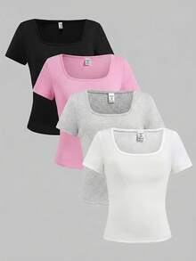 Girlism Bộ 4 áo thun dệt kim ngắn tay cổ vuông màu trơn dễ phối đồ cho bé gái tuổi teen, màu trắng, đen, xám, xanh dương, áo lót mùa hè đa năng. - Hồng - Xem 5