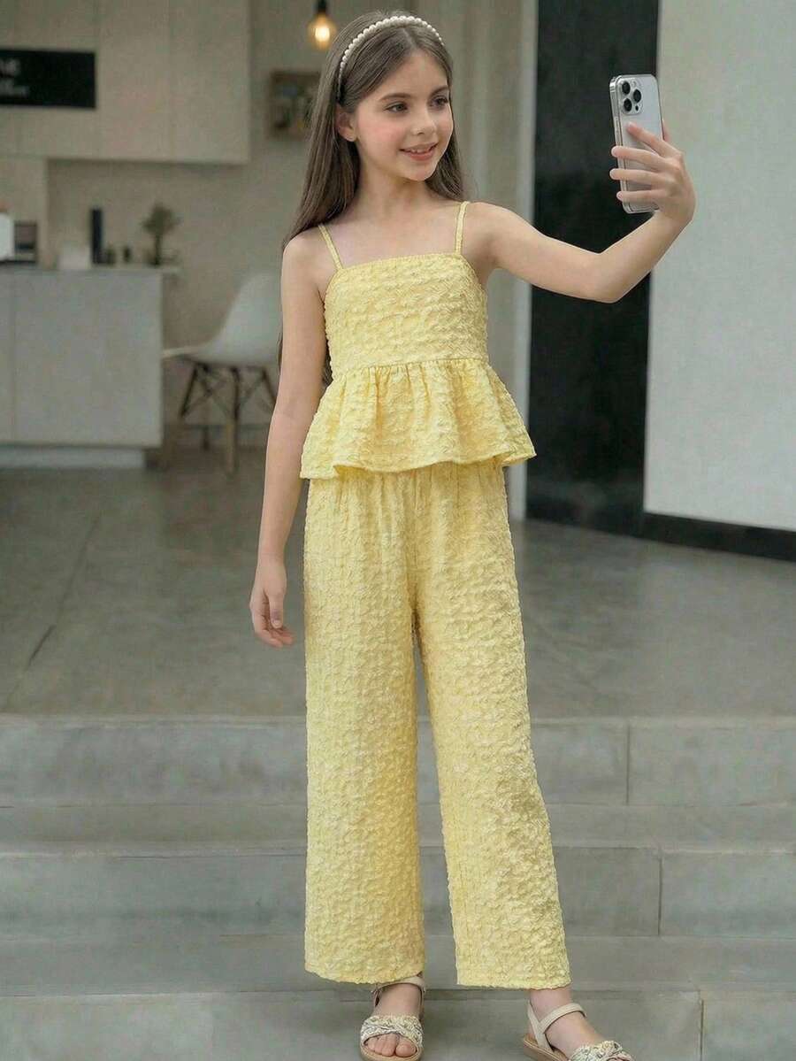 Firerie Kids 2pcs Tween Girls Casual Commuter Yellow Textured Camisole Top And Straight Leg Pants Set - Yellow - View 1