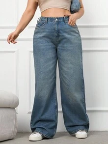 Jeans de pierna ancha con detalles de cinturón de 100% algodón de talla grande - Azul lavado medio - Ver 3