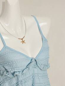 Women's Sleeveless Blouse With Ruffles In Solid-Color Textured Fabric For Summer And Vacation - Light Blue - View 7