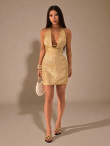SHEIN PETITE 秋冬季纯金纹理深V露背迷你优雅连衣裙，金色连衣裙，性感秋季连衣裙，适合夜店派对、外出等场合，秋季女装，复古富贵，女士派对连衣裙 - 金色 - 查看 5