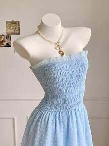 Comfortcana 女士夏季沙滩度假纯色褶皱上身多层下摆抹胸长裙 - 藍色 - 查看 6