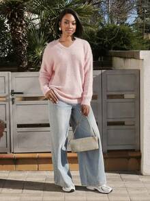 Yess Loren Women's Plush Knit Drop Shoulder Sweater,Long Sleeve Tops Knit Pullover Fall Winter Outfit - Pink - View 1