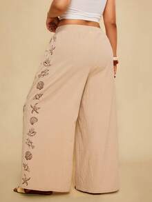 Travachic 大码女式海星印花复古阔腿休闲裤，适合海滩度假 - 卡其色 - 查看 3