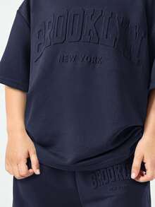 SHEIN Setelan Kaos dan Celana Panjang Lengan Pendek Leher Bulat Bahu Jatuh Kasual Longgar Minimalis Nyaman untuk Anak Perempuan, Anak-anak - Navy Blue - View 3