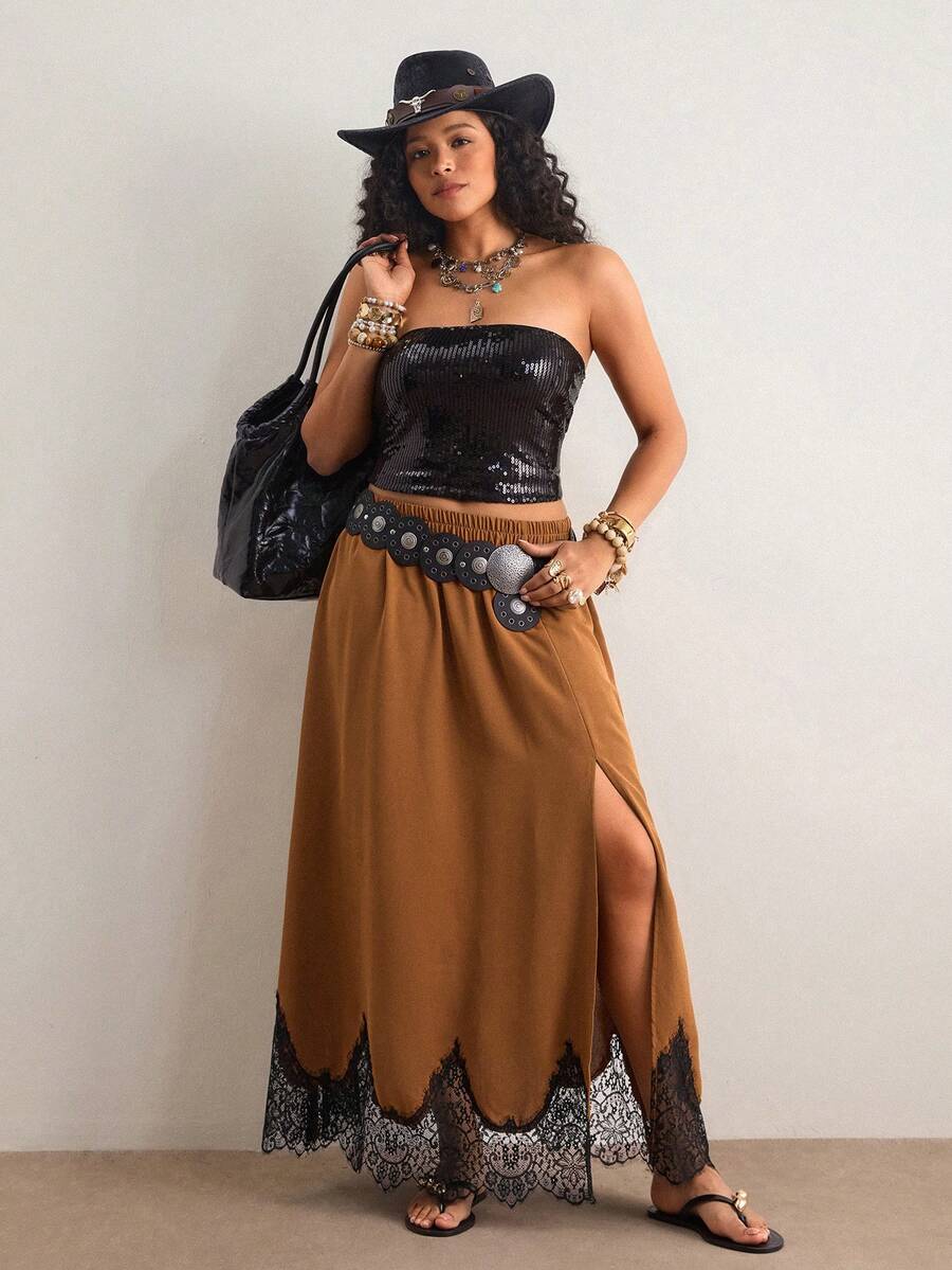 Freevana Plus Size Summer Fashion Contrast Color Lace Patchwork High Slit Skirt - Coffee Brown - View 1