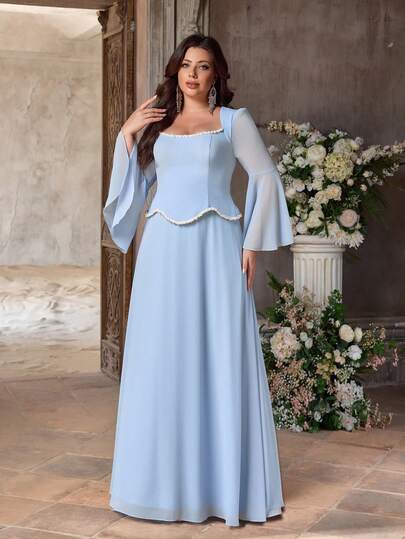 Aureia 大码优雅浪漫蓝色U领喇叭袖束腰A字连衣裙，适合婚礼、约会、度假、伴娘等场合