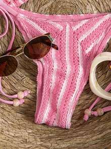 Swim Mod 女士两件式夏季沙滩泳装，镂空纹理针织面料，挂脖三角上衣，系带侧边泳裤，饰有串珠装饰 - 粉色 - 查看 4