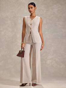 RueChic Women Striped Linen Fabric Detailed Two Pieces Suit Sets Fake Linen - Beige - View 5