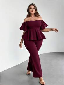 SHEIN Privé Plus Size Summer Elegant Solid Color Off-Shoulder Ruffle Hem Top And Pants 2-Piece Set - Red Violet - View 1