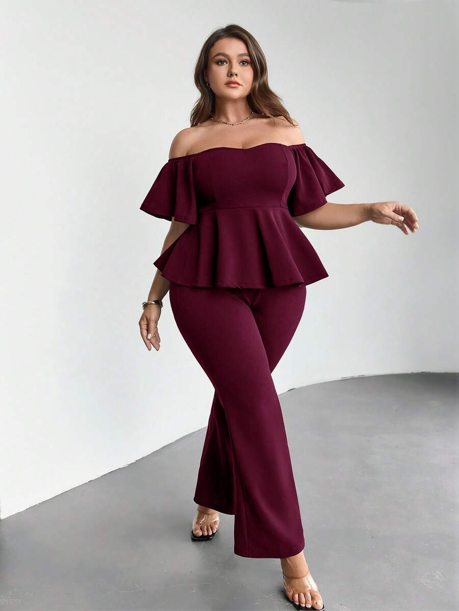 SHEIN Privé Plus Size Summer Elegant Solid Color Off-Shoulder Ruffle Hem Top And Pants 2-Piece Set - Red Violet - View 1