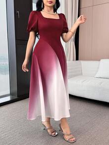 Feyla 女士渐变色方领花瓣袖中长连衣裙 - 酒紅色 - 查看 5