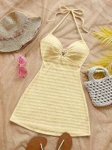 Soleia Gaun Mini A-Line Bertekstur Tanpa Punggung dengan Dekorasi Bintang Laut dan Logam, Warna Kuning Pucat, Gaya Boho Musim Panas, Liburan Pantai, Kencan, Minum Teh Sore, Festival Musik - Kuning - View 3